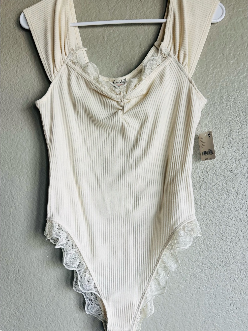Free People Cream Ribbed Lace-Trim Bodysuit